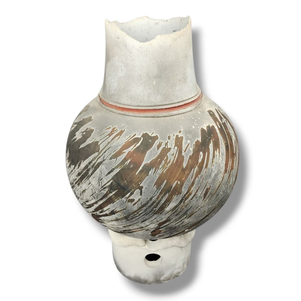 Vintage John Natale Raku Pottery Vase with Stand Riser Gray Rust Abstract Rustic